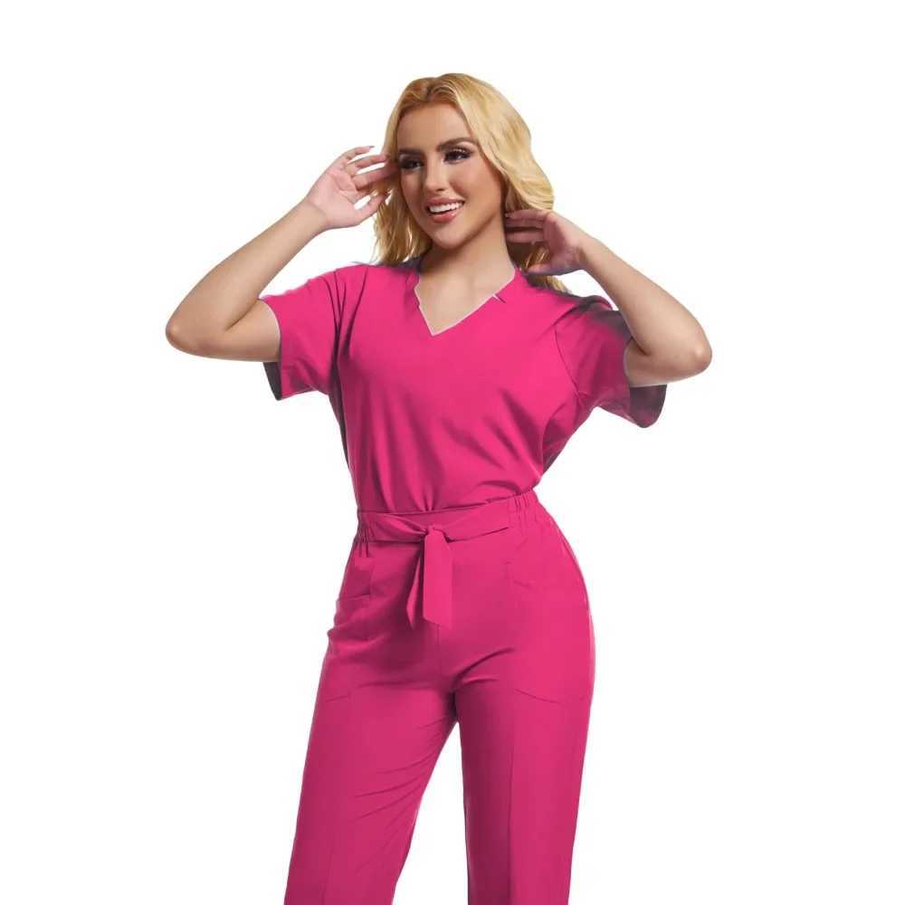 HZMNOI Scrubs Uniform Suit Short Slve V-neck Tops+jogger Pants Set Nursing Women Multicolor Pet Doctor Scrub Medical Workwear X250410