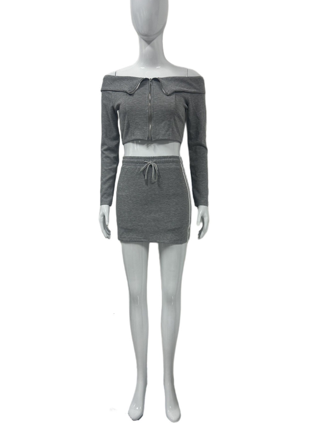 New One Shoulder Design Long Sleeve Top for Women in Autumn, High Waist, Drawstring, Hip Wrapping Short Skirt