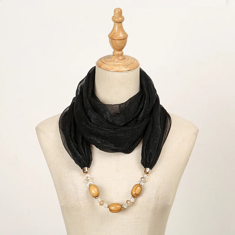 Wholesale Polyester Solid Collar Scarf Gorgeous Bead Pendant Jewelry Necklace Jewelry Ring Scarf Ethnic Islamic Shawl Scarf 250409