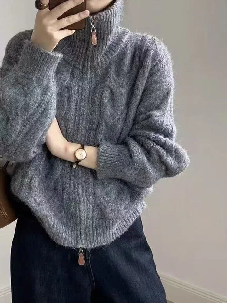 Autumn Women Turtleneck Loose Retro Knitted Jackets Winter Twist Double Zipper Cardigan Sweater Casual Solid Office Clothing 251107