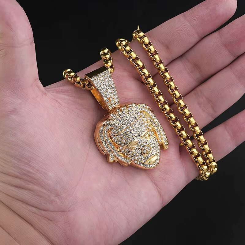 18K Gold Plated Fashion Men Women Hip Hop Necklace Rapper Figure Diamond Iced Out Pendant Necklace