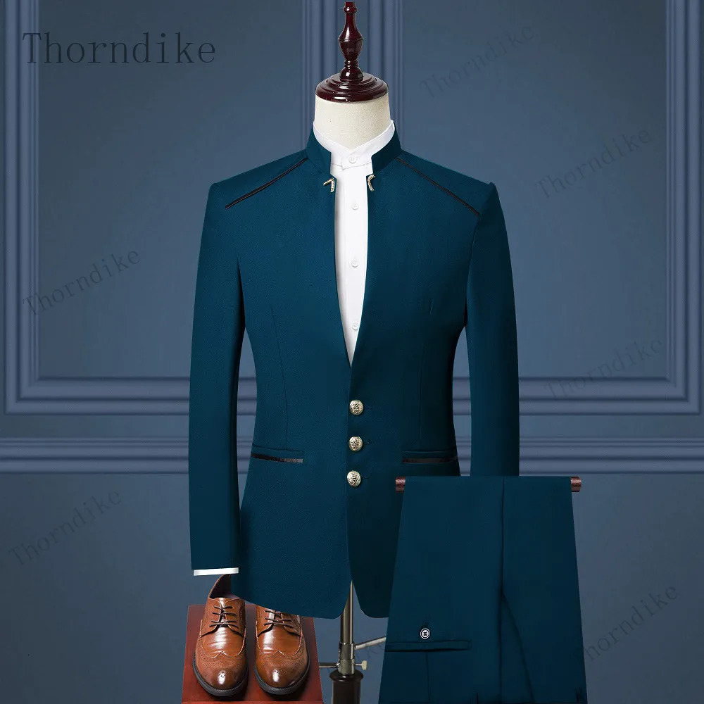 Thorndike Men Suit Chinese Style Stand Collar Blazer Male Wedding Groom Slim Fit Standerd Size Blazer Set TuxedoJacketPant 251107