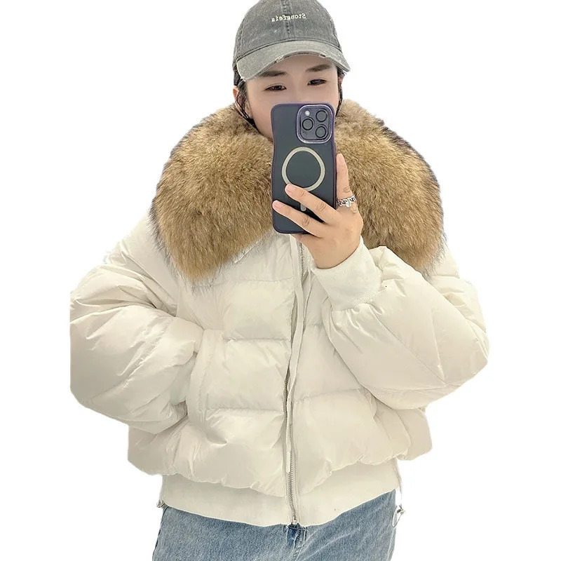 Detachable Winter Jacket Women Natural Big Raccoon Fur Collar Thick Warm Duck Down Loose Oversize Outerwear Streetwear 251110