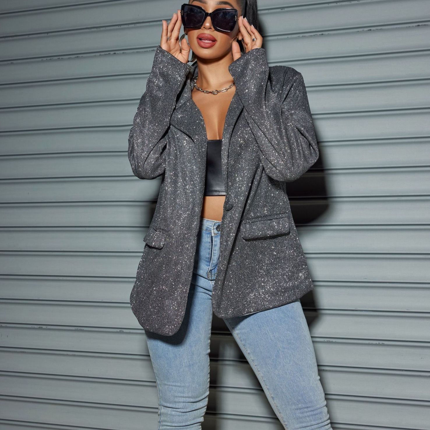 New commuting style cardigan with a collar and long sleeves, sparkling large casual suit jacket