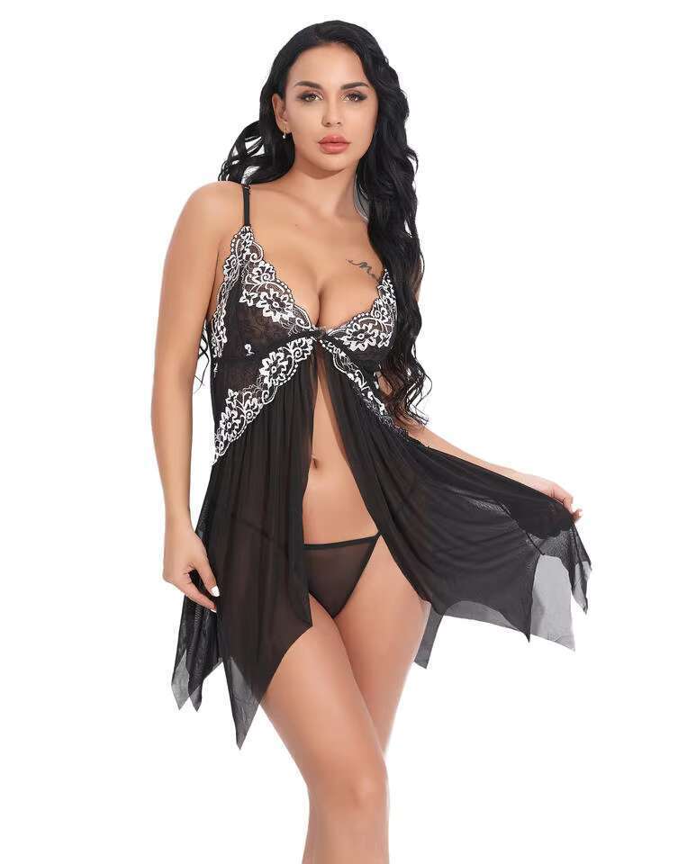 Sexy Gerie Women Sleepwear Dress Hot See Through Front Closure Pamas Babydoll Lace Mesh Nightgown Nighties