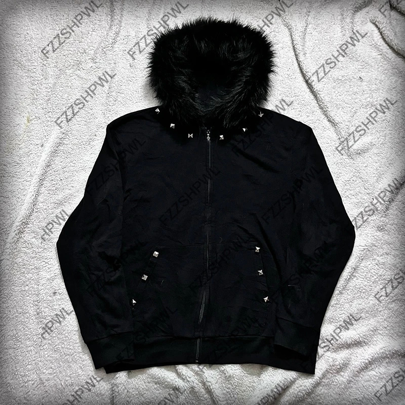 Rivet Punk Dark Faux Fur Collar Y2K Zip up hoodie Fashion Jacket Streetwear Hip Hop Zipper Hoodie sweatshirt Gothic Chic 251110