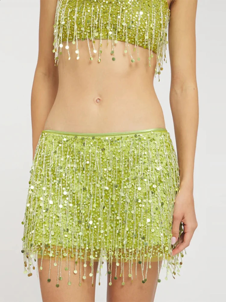 Sexy Sequin Tassels Beach Outfits Women Shiny Fashion Bikinis Bar Tops Sets Female Summer Holiday High Street Sets 2 Pieces 250411