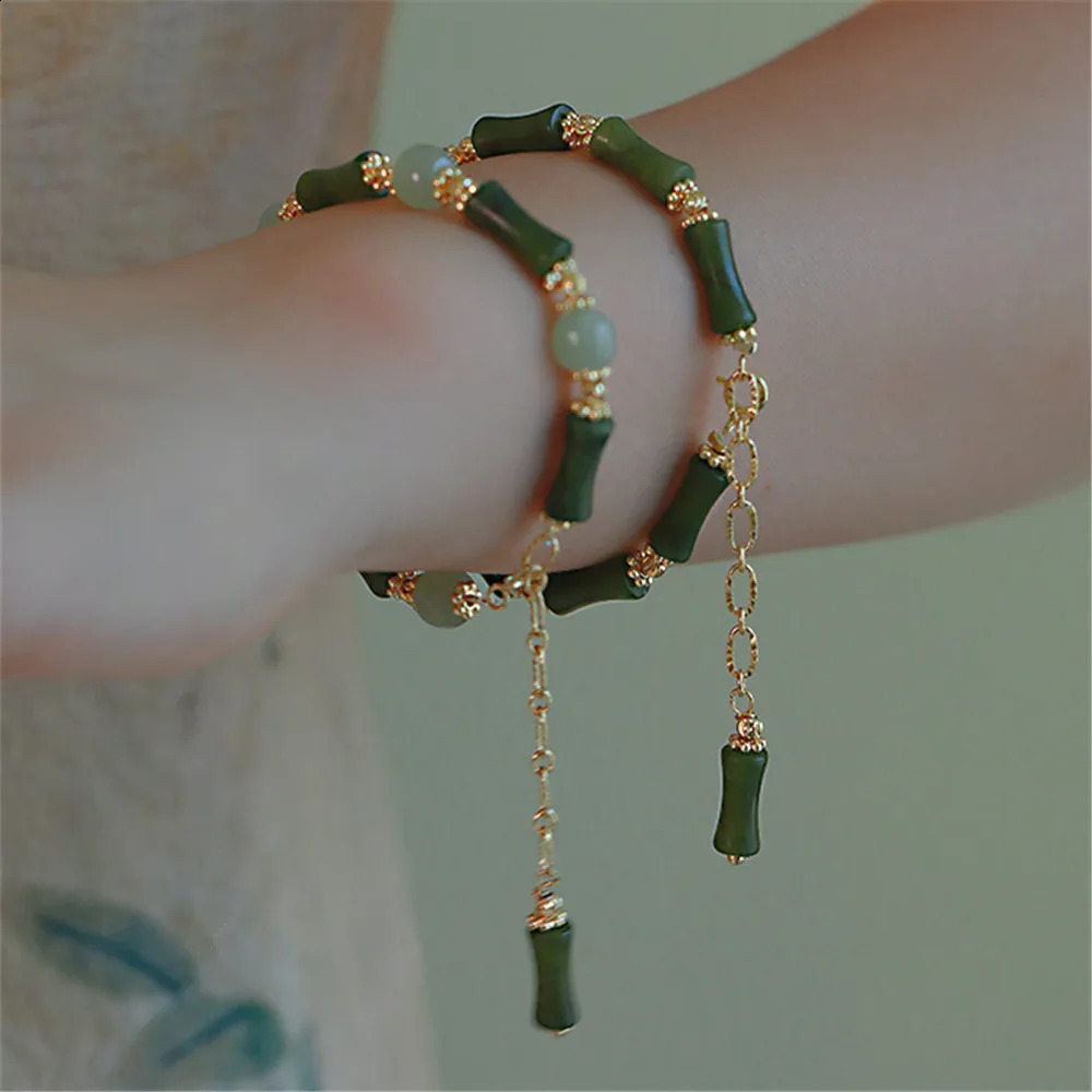 Natural Olive Jade Bamboo shaped Beads Adjustable Bracelet Fashion Exquisite an Jade Jewelry Versatile Girl Gift 250409
