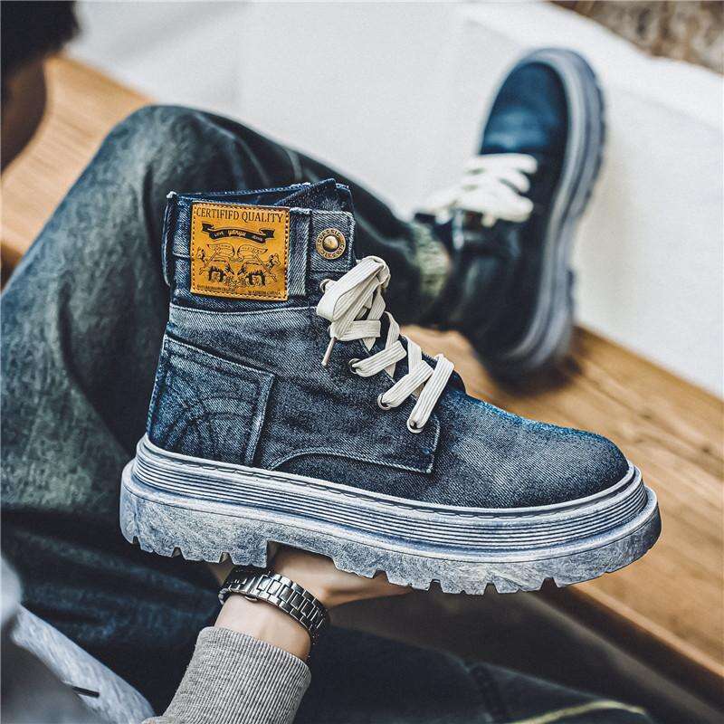 New Men's Black Leather High Top Boots British Style Trendy Motorcycle Lace up Boots Men's Vintage Riding Shoes