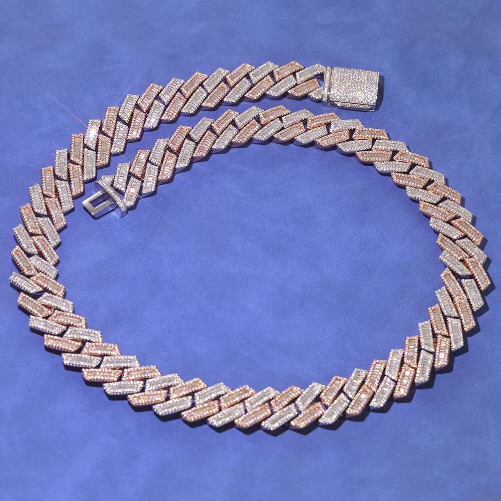 NUOYA 925 Sterling Silver Iced Prong Cuban Chain Necklace Hip Hop Bling Baguette Moissanite Diamond Cuban Chain Womens Jewelry