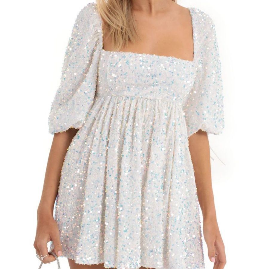 Large loose version sequined skirt, summer casual style square neck short sleeved solid color big swing dress