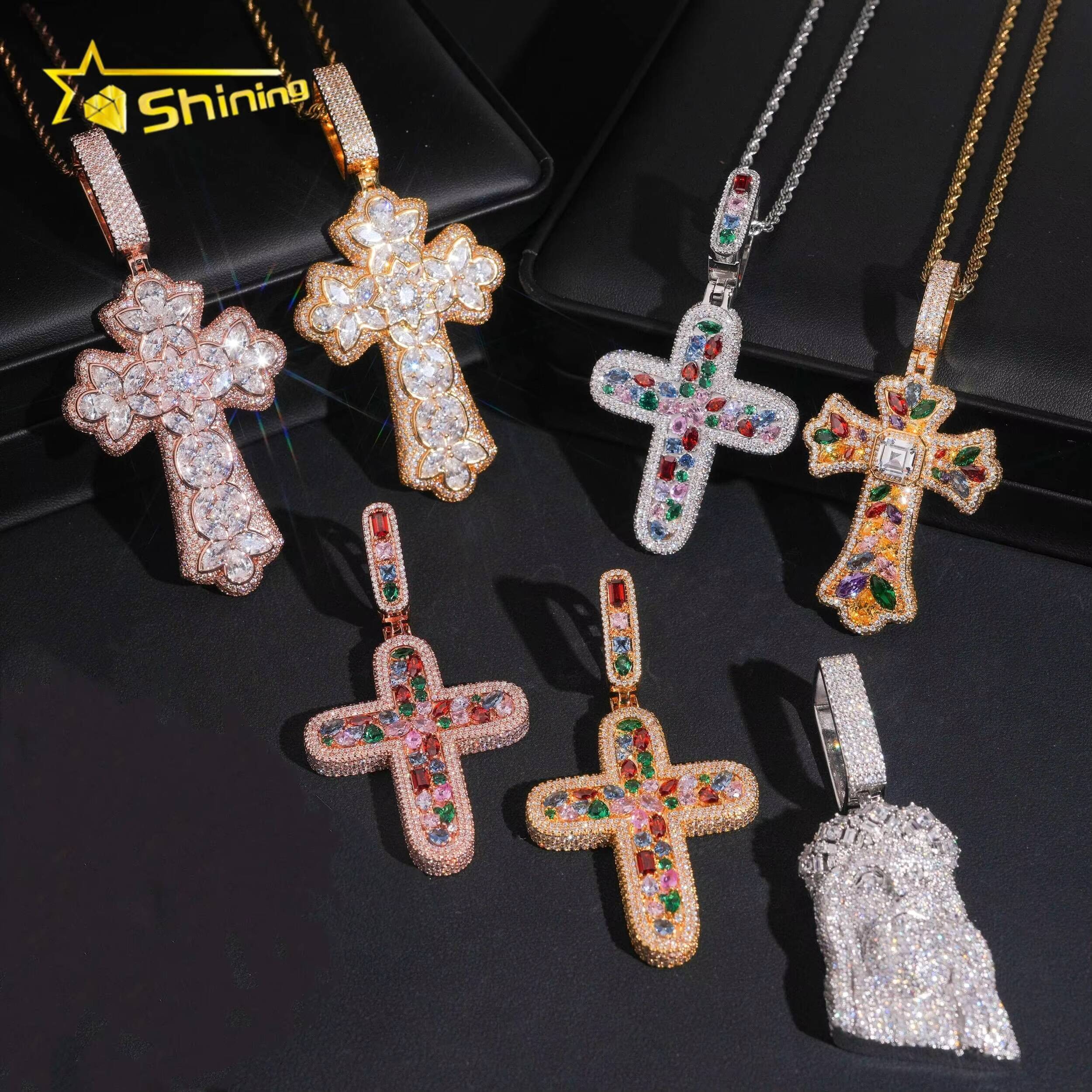 Fashion Pendants Charms Collection Hip Hop Jewelry Brass Iced Out Colored Moissanite Cross Pendant Men Women Brass Jesus Pendant