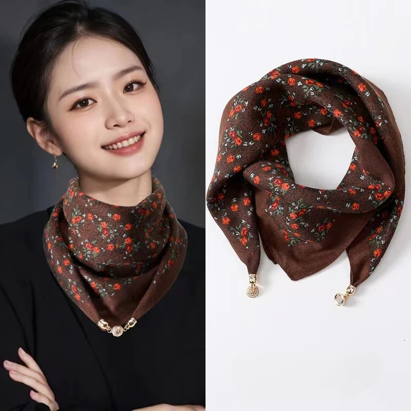 Magnetic Buckle Print Silk Scarf for Women Autumn and Winter Fashion Soft Satin Neckerchief Highend Neck 251031