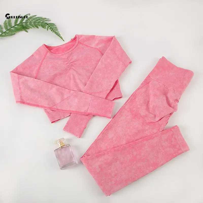 Chreisure Wash workout set suitable for womens seamless yoga set long sleeved fitness top with hip lifting handle for leg exercise gym uniformW250411