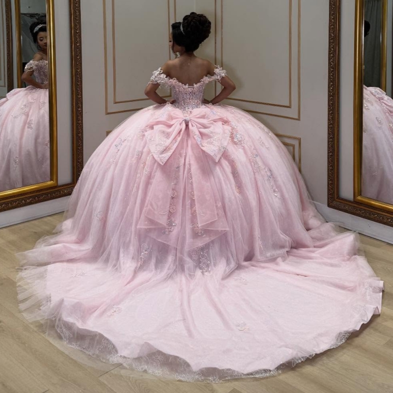Pink Shiny Quinceanera Dresses Off The Shoulder Sequin Applique Lace Beads Bow Tull Party Birthday Sweet 16 Dress Vestidos 15 De N11