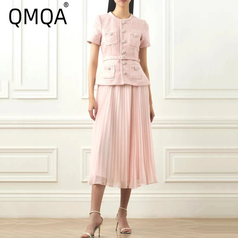 QMQA Fashion Womens Elegant 2 Pcs Set O Neck Short Sleeve Sequins Tweed Belt Coat High Waist Pleated Skirts Sets 1A115 251106