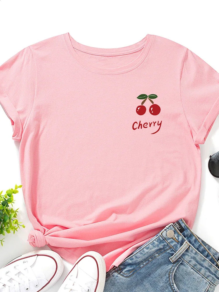 On Chest Red Cherry Print Women T Shirt Short Sleeve O Neck Loose Women Tshirt Ladies Tee Shirt Tops Camisetas Mujer 250410
