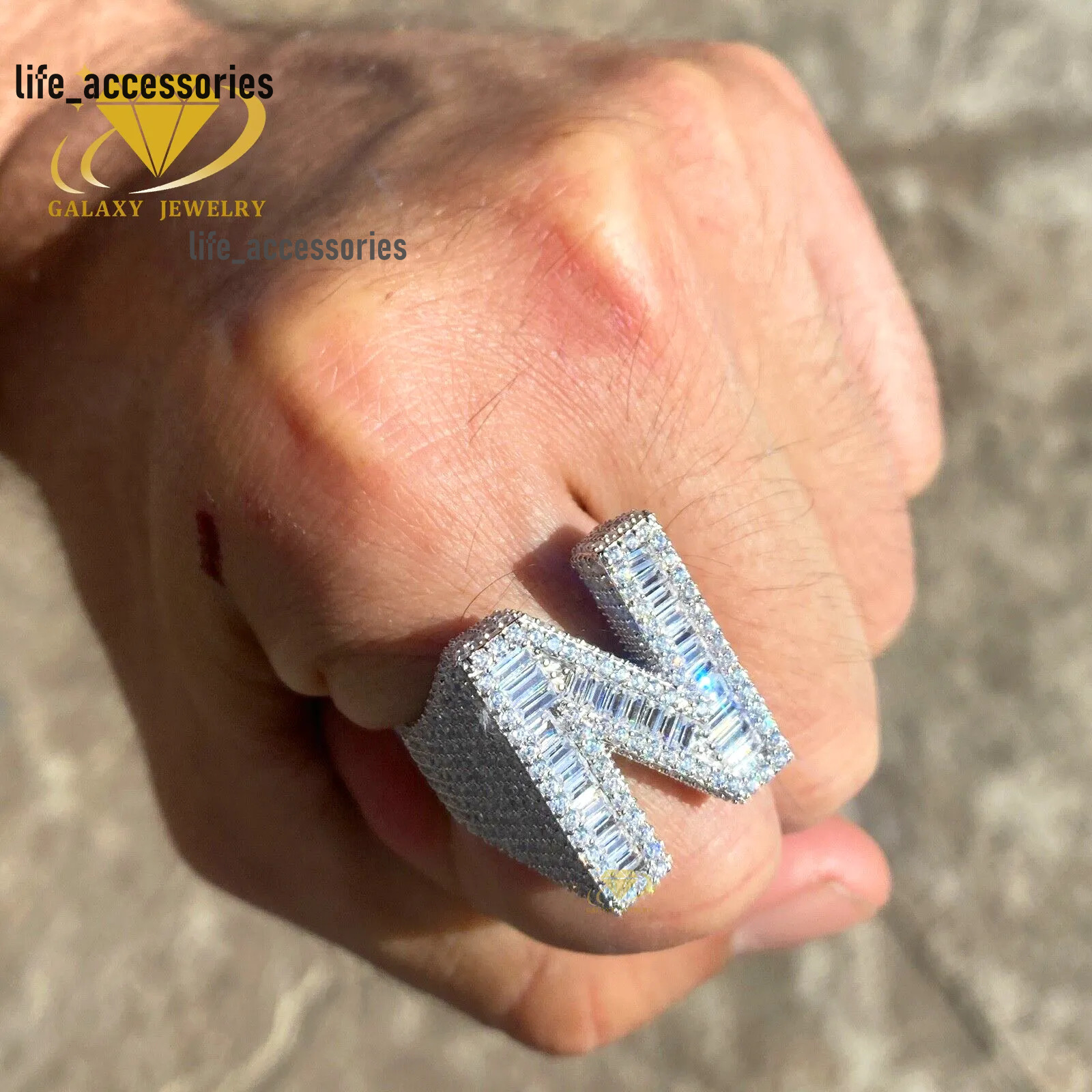 Initial Rings Letter Rings Mossanite Men Hip Hop Moissanite 925 Sterling Silver Baguette Iced Out A-Z Custom 26 Letters Ring