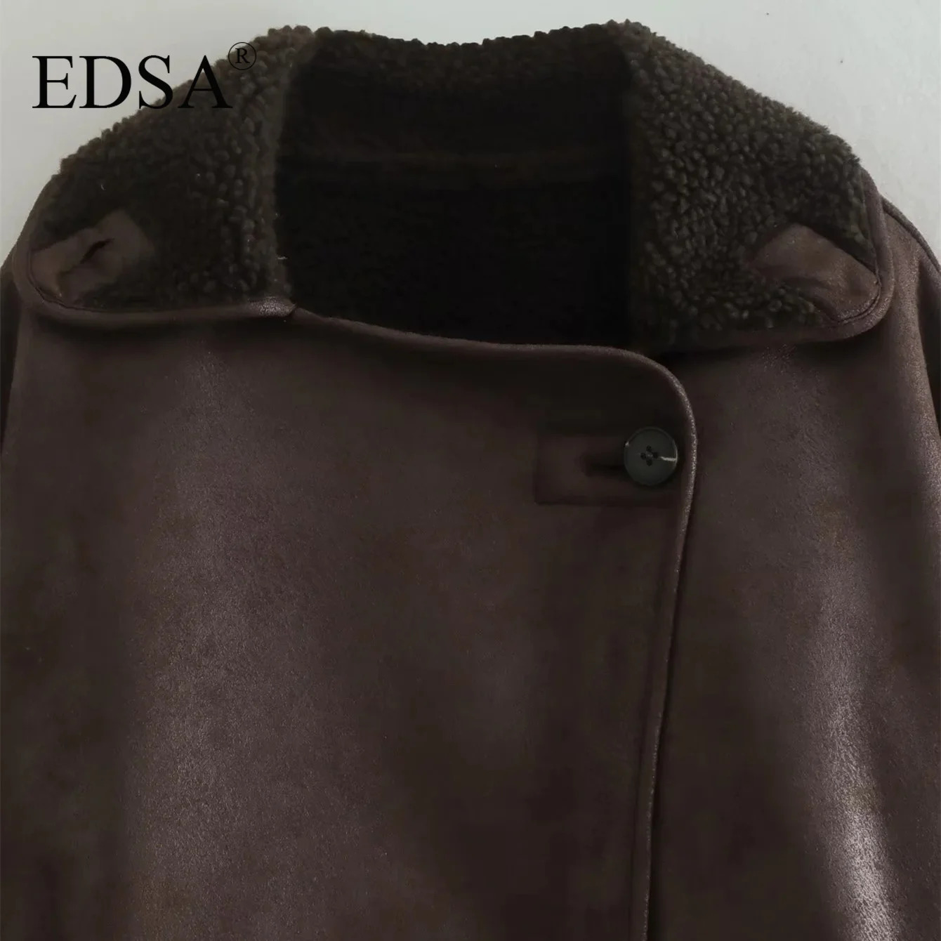 EDSA Woman Thick Faux Leather Jackets for Women Autumn Winter Warm Wool Blends Coats Plush Double-sided Jacket Pocket Jacket 251105