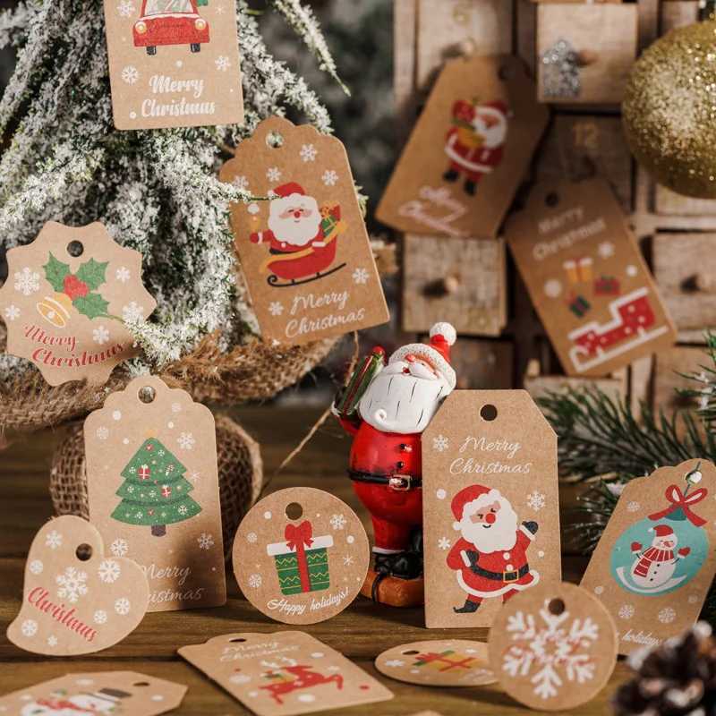 48/50Pcs Merry Christmas Kraft Paper Tags DIY Handmade Gift Wrapping Paper Labels Santa Claus Hang Tag Ornaments New Year DecorM251111