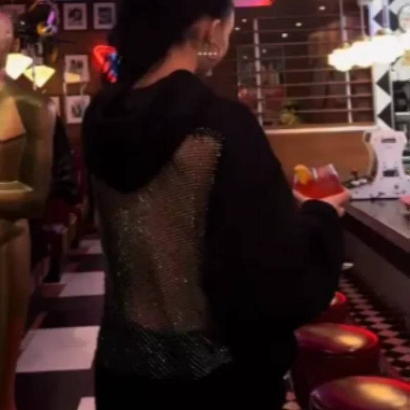 Chic Hollow Out Hooded Jacket For Women Gothic Hollow Mesh Sweatsuit Solid Spliced Streetwears Lady Fashion Y2k Outwear 251105