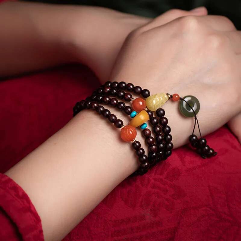 108 simple jewelry elegant small leaf Buddha beads multi-circle Women's retro bracelet Rosewood