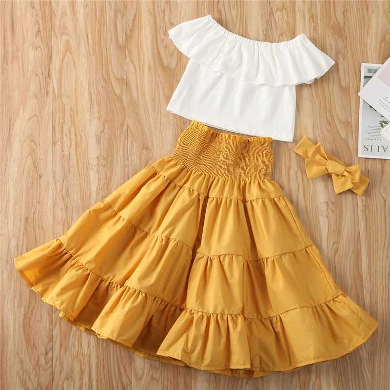 1-7Y Summer Childrens Baby Girls White Ruffle T-shirt Crop Top Yellow High Waist Skiing 3-Piece Set Girls Clothing SetXJ250410