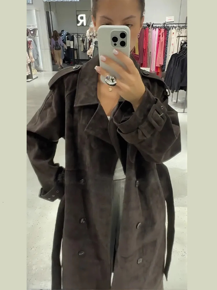 Suede Vintage Belts Long Jacket Women Double Breasted Loose Turn-down Collar Long Sleeve Autumn Coat Street Female Outwear 251106