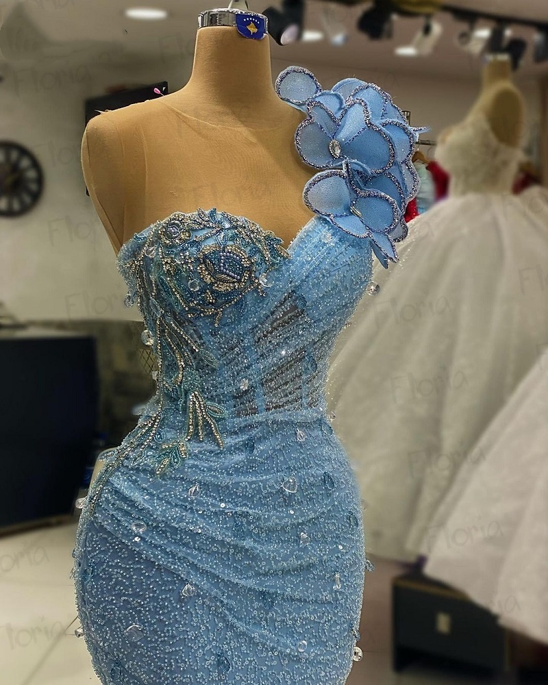 Blue One Shoulder Prom Dress 3D Flowers Beaded Evening Dresses Elegant Formal Guest Gowns Customized Birthday Wear