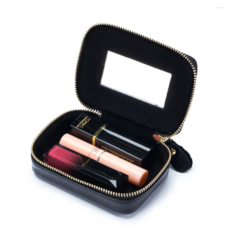 Cosmetic Bags Mini Leather Lipstick Envelope Cowhide Bag With Mirror Data Cable Headphone Women's Jewelry Box Coin Hand Hold