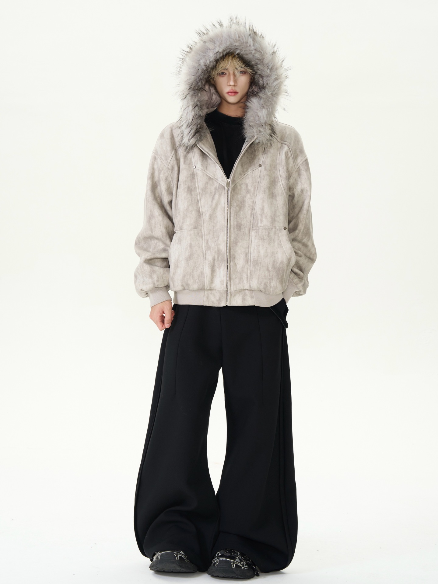 Men's Faux Fur Zip Jacket Y2k Collar High Street Fashion Design Pullover Harajuku Casual American Warm Thicken Cardigan Coat Parkas