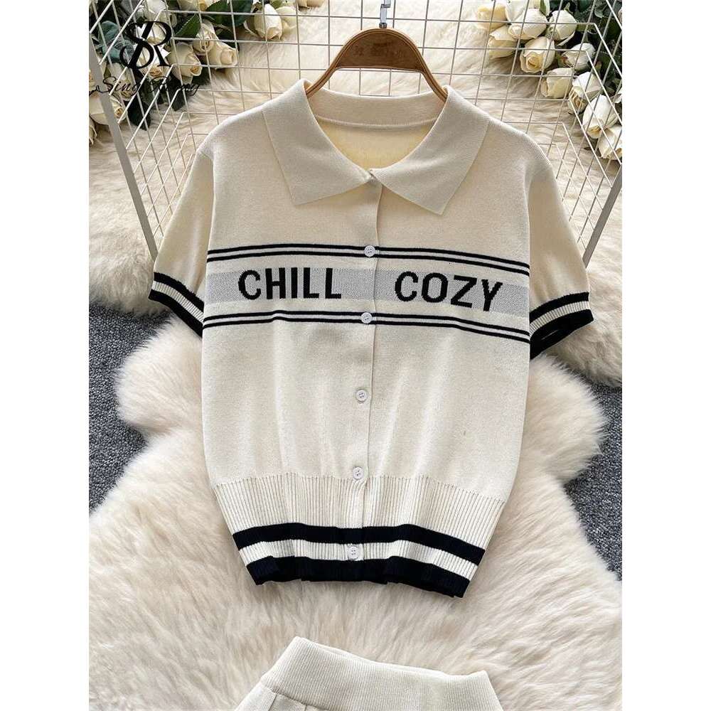 SINGREINY Preppy Style Trendy Suits Single Breasted Letter Design Pullover+High Waist Pleated Skirt 2025 Summer Women Knit Sets
