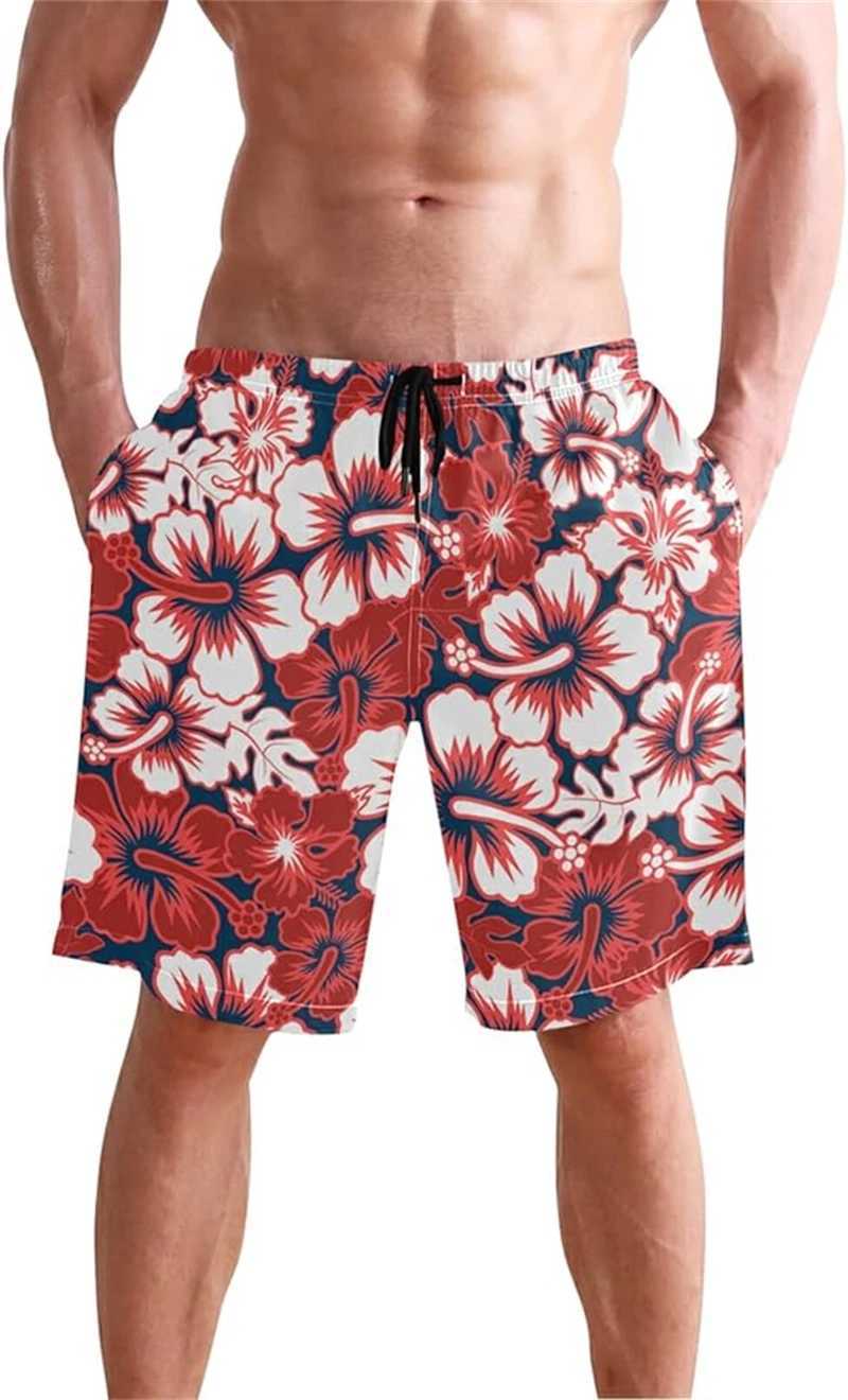 Red Hibiscus 3D graphic shorts mens swim trunks Hawaiian surfboard shorts summer casual quick drying swim trunksW250410
