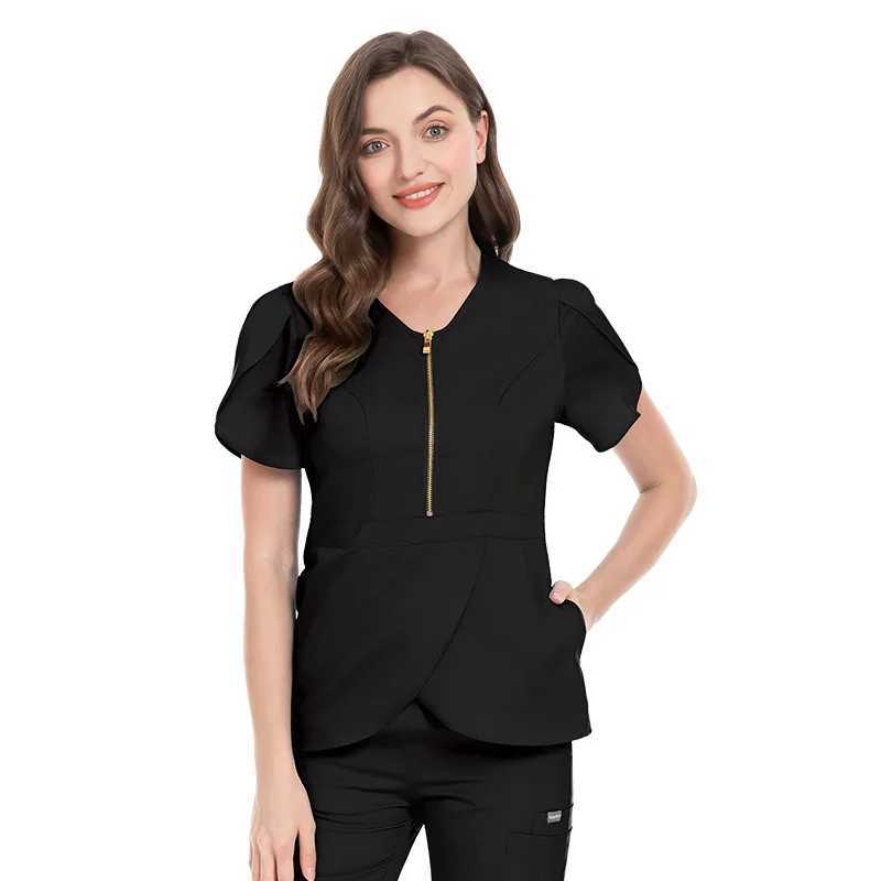 fashion frosted suit hospital uniform set solid color hospital surgical suit pocket V-neck female jogger frosted suit set X250410