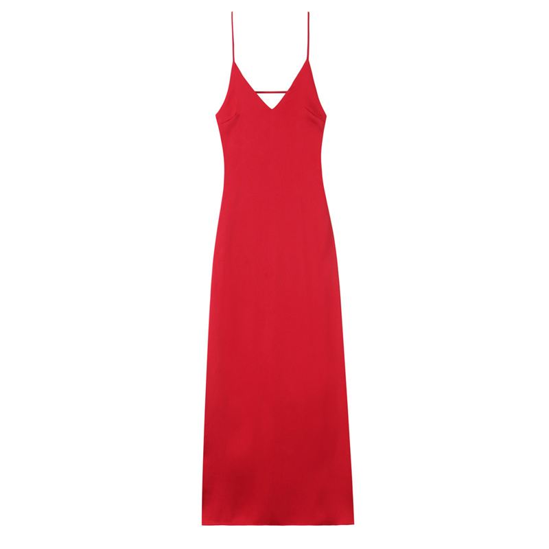 2025 spring/summer casual new women's sexy backless slim fit silk satin texture MIDI dress solid color versatile