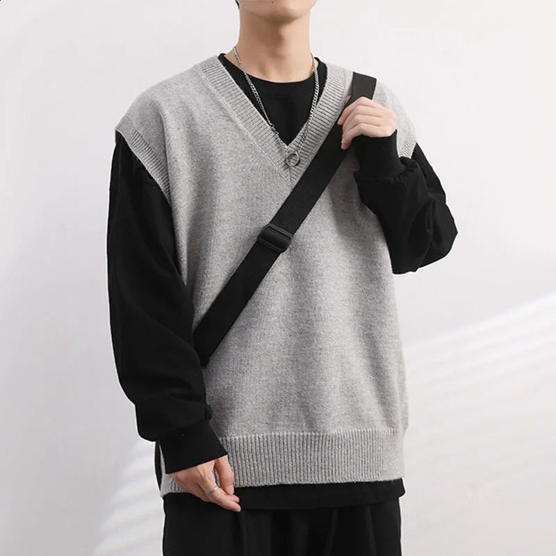 Mens Knitted Sweater Tank Top Solid Color Autumn Sleeveless Vneck Lanhua Casual Loose Belt Korean 250411Z