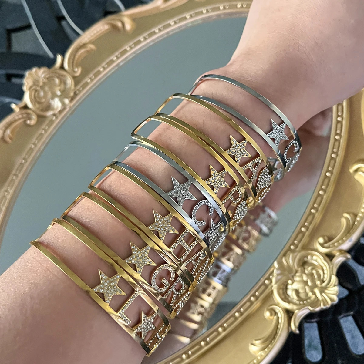 ly customized stainless steel name bracelet zircon letter open adjustable all diamond 250410