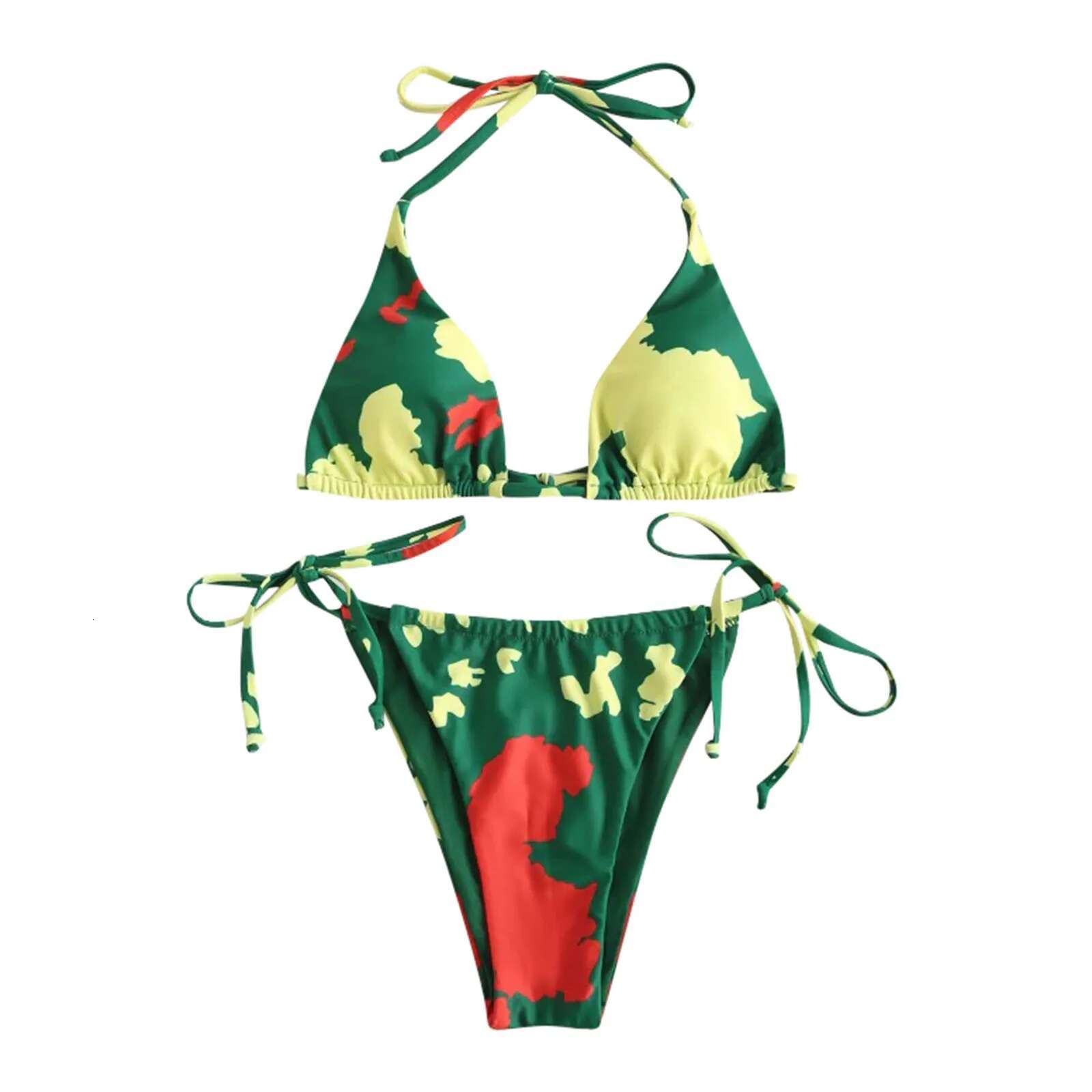 Ladies Cow Printed Suit Hanging Neck Low Waist Side Lace Up Three-point Split Bikini Swimsuit Sexy Bathing Suits