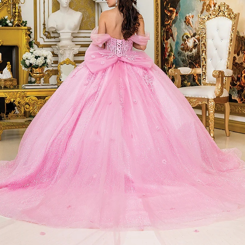 Pink Shiny Princess Quinceanera Dresses Off Shoulder Applique Beads Bow Tull Corset Sweet 16 Dress Ball Gown Vestidos 15 De Anos