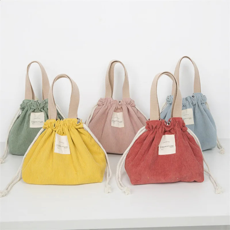 Lunch bag Corduroy canvas lunch box drawstring picnic handbag eco-friendly cotton canvas mini handbag dinner container food storage bag 250410