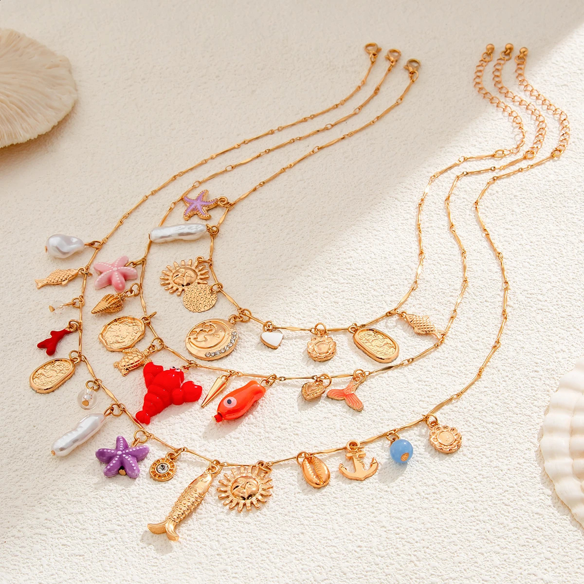Ingemark 3Pcs/Set Bohemian Drip Oil Fish Scalp Cactus Starfish Tassel Pendant Necklace Summer Chain Y2K Holiday Jewelry 250409
