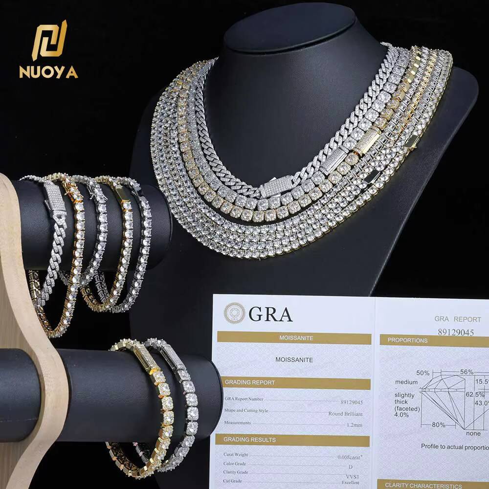 NUOYA Luxury 7mm Clustered Tennis Chain VVS Moissanite 925 Sterling Silver Diamond Necklace Hip Hop Jewelry Womens Gift