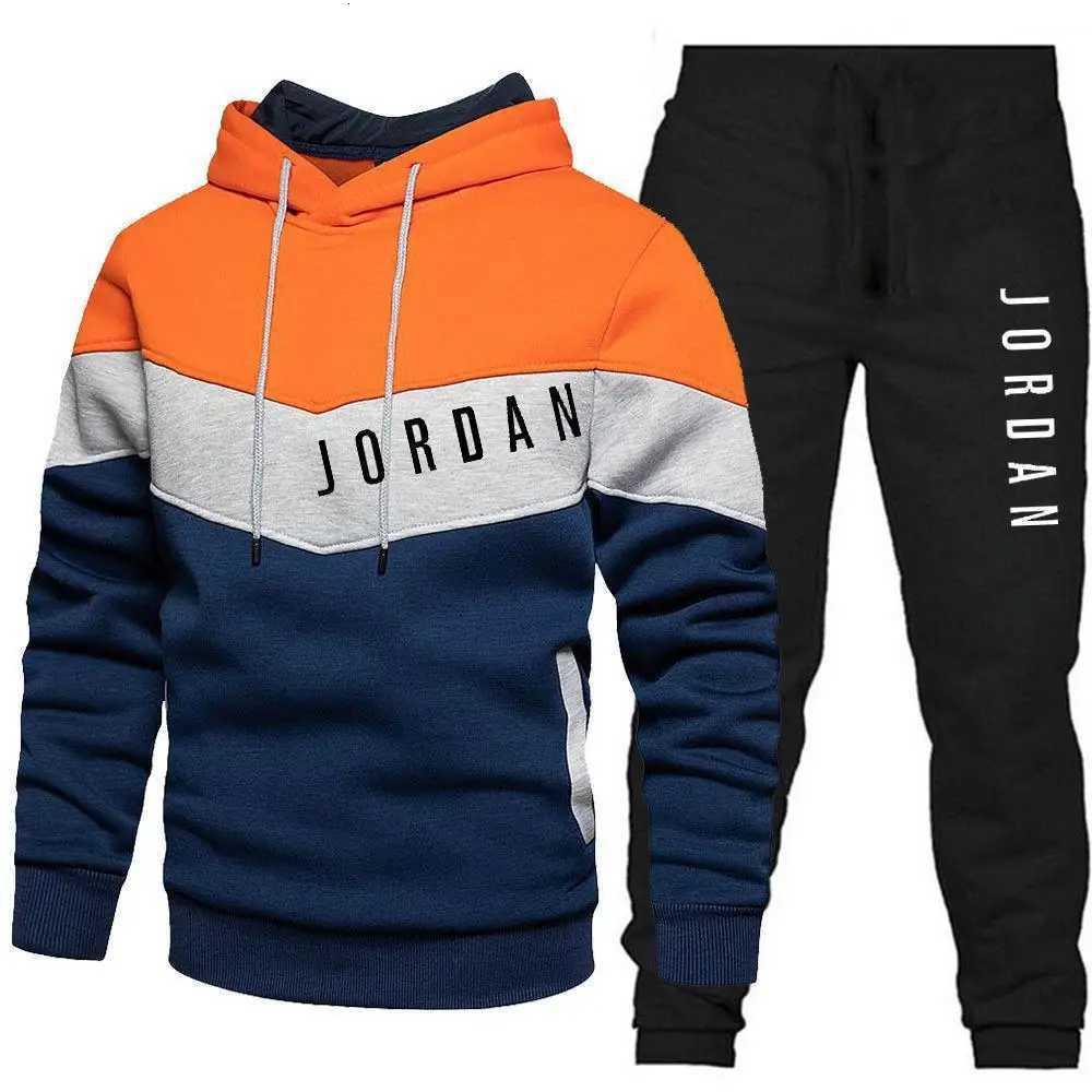 New autumn and winter patchwork hooded sweatshirt set for men fleece sweatshirt casual pants fitness two-piece setT251111