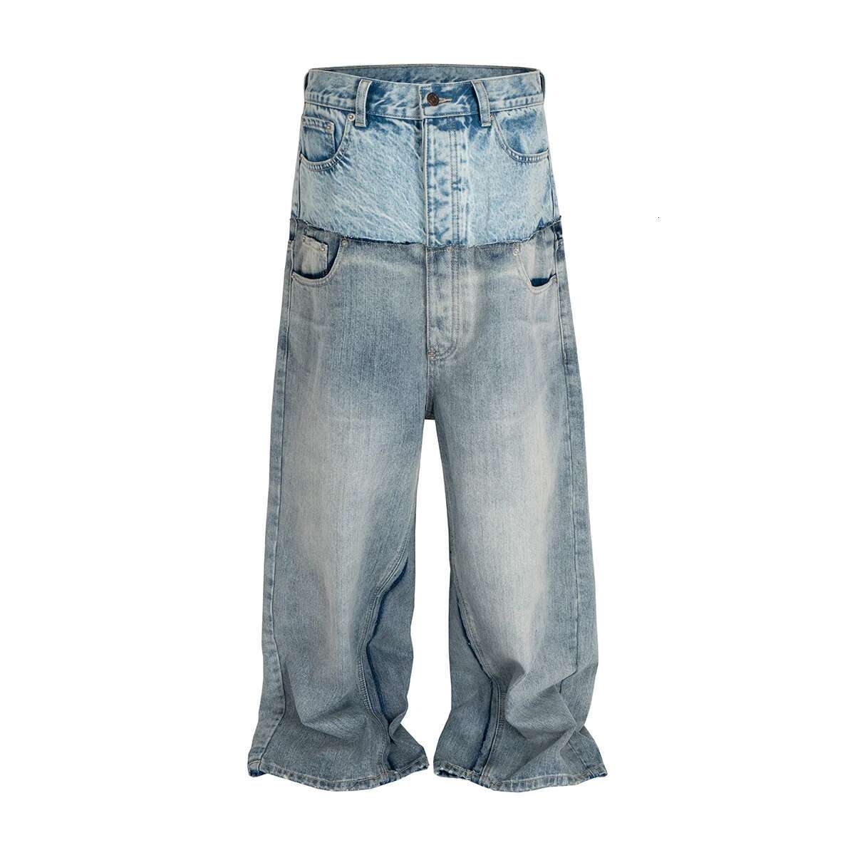Double-Layer Double Waist Patchwork Baggy Jeans For Men And Women Straight Casual Loose Denim Trousers Oversized