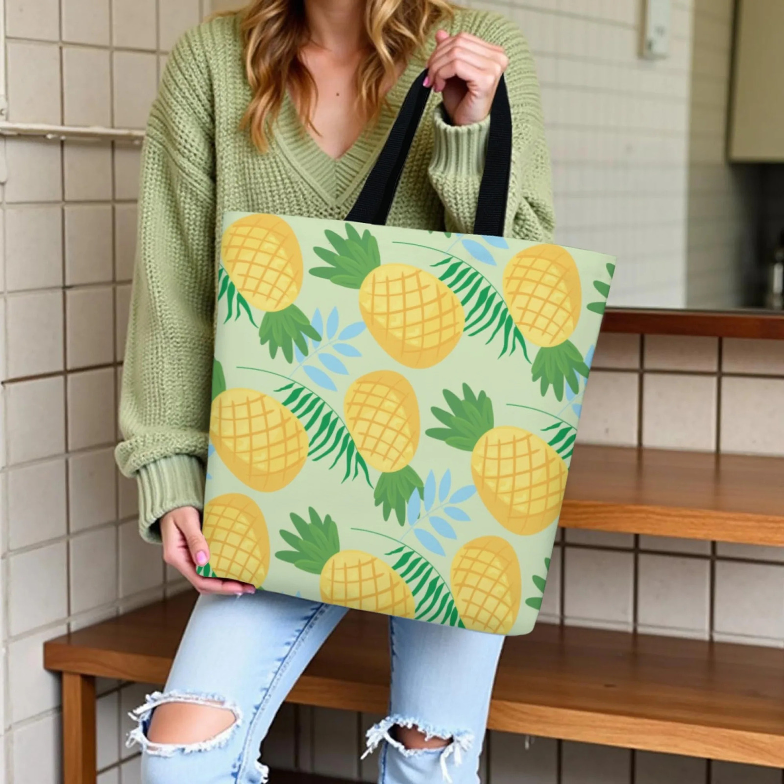 Korean Tropical Trend Canvas Tote Women Bag Light Green Pineapple Print Fashion Reusable Handbag Perfect for Daily Commute 251110