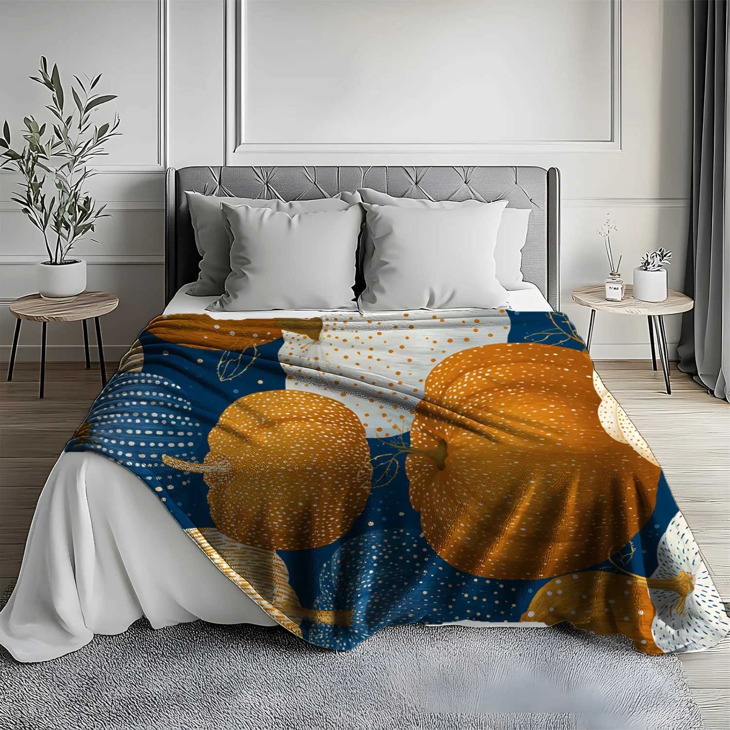 1pc Flannel Blanket with Multicolor Pumpkin Print - Soft Warm Cozy All-Season Throw for Couch Bed Travel Camping Autumn Fall De C251111