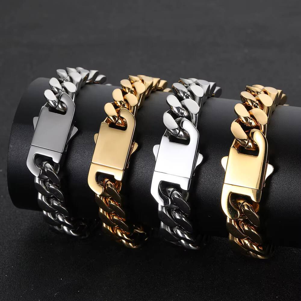 NUOYA Hip Hop Jewelry Men 18k Gold Plated Stainless Steel Miami Cuban Bracelet Cuban Link Bracelet for Gift