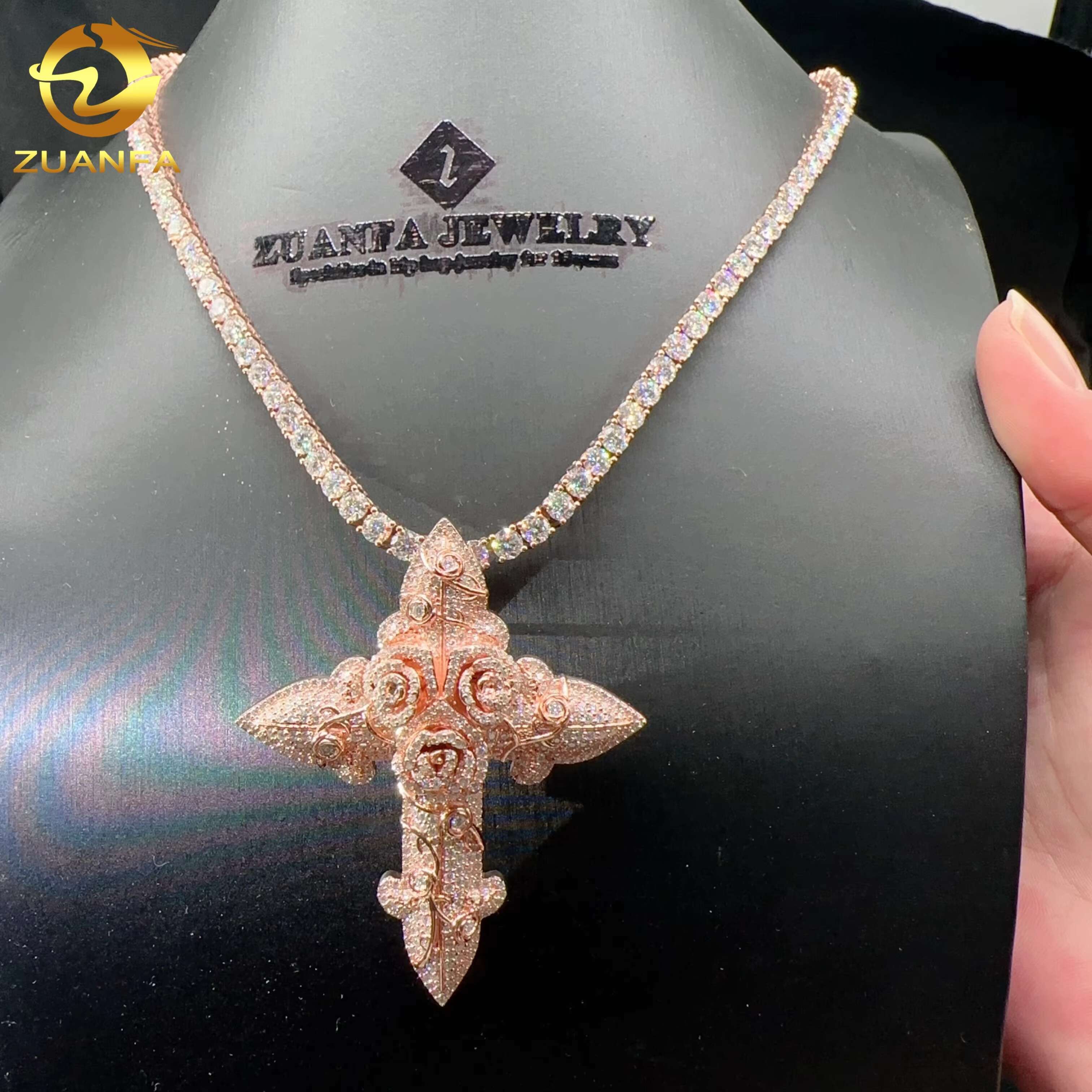 Custom Tennis Chain Pendant Sterling Silver 925 Vvs Moissanite Hip Hop Iced Out Jewelry Fashion Cross Pendant