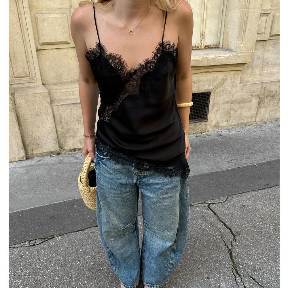Women Sexy Satin Lace Trim Cami Tops Silk V Neck Spaghetti Strap Tanks Tops Y2k Coquette Loose Going Out Camisoles Streetwear251111