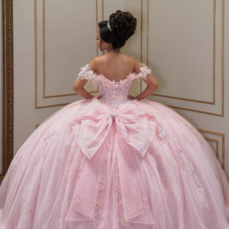 Pink Shiny Quinceanera Dresses Off The Shoulder Sequin Applique Lace Beads Bow Tull Party Birthday Sweet 16 Dress Vestidos 15 De N11